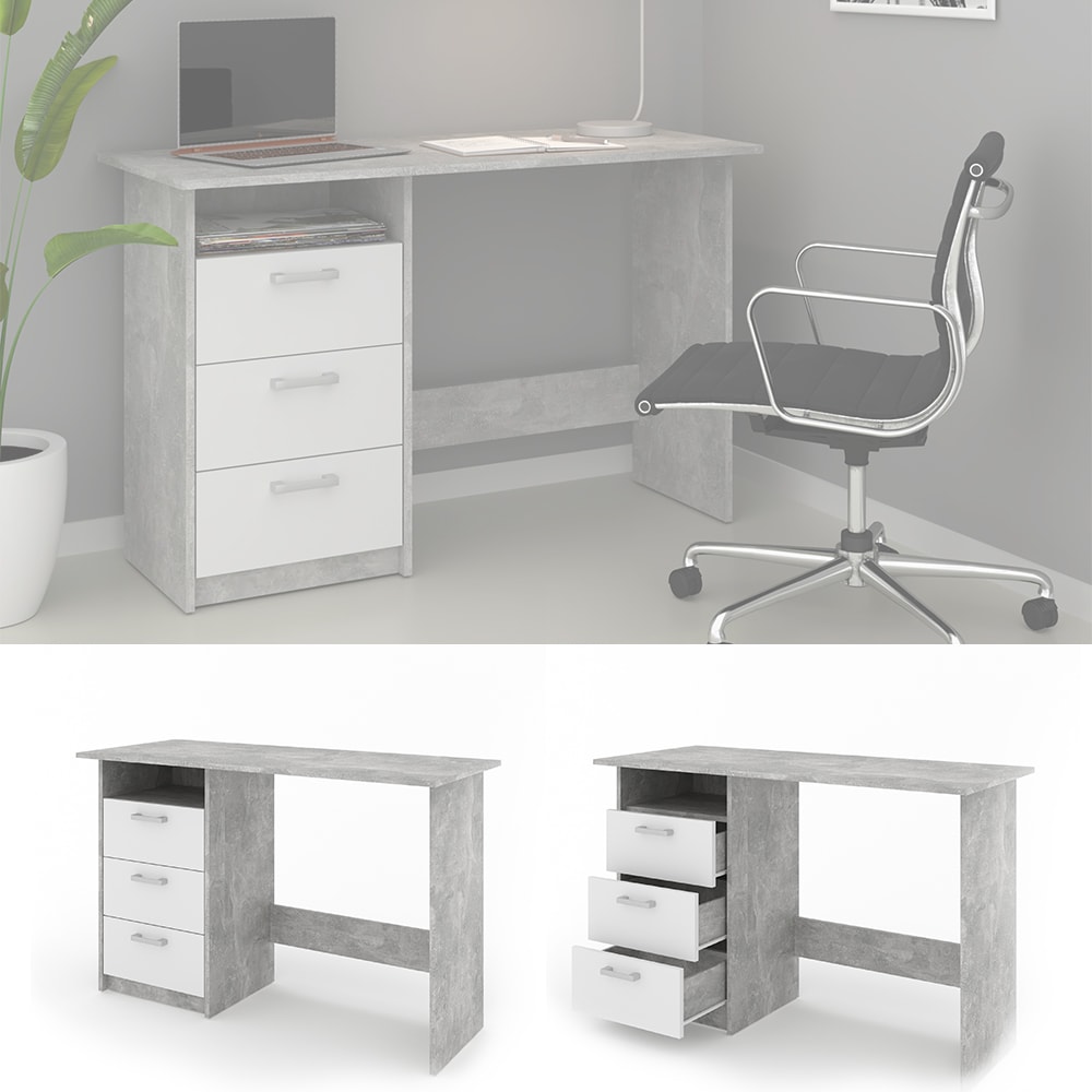 VICCO Schreibtisch MEIKO Wei&szlig; Beton Optik Arbeitstisch B&uuml;rotisch Regal PC Tisch - Bild 1