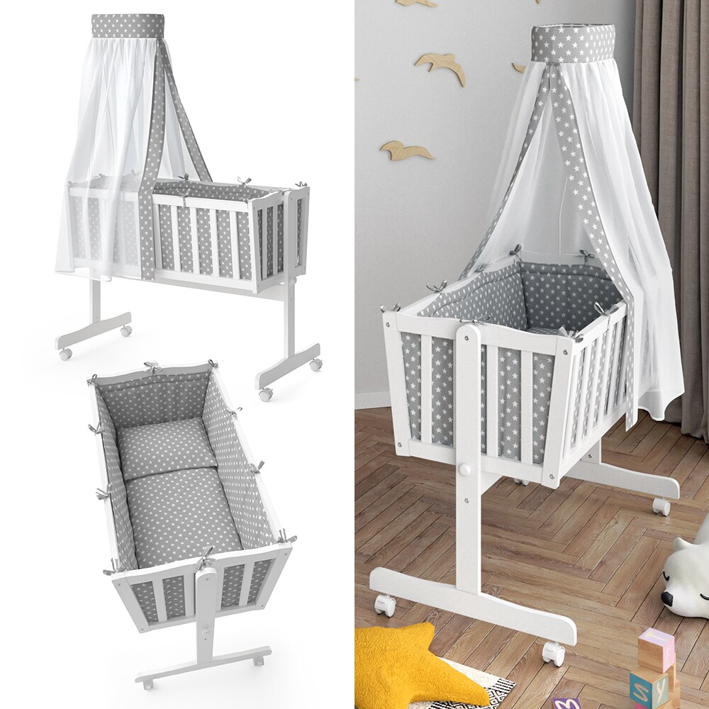 VITALISPA Wiege NOAH Schaukelwiege Babywiege Holz Weiß Grau Bett Set Buche | 04251421937666