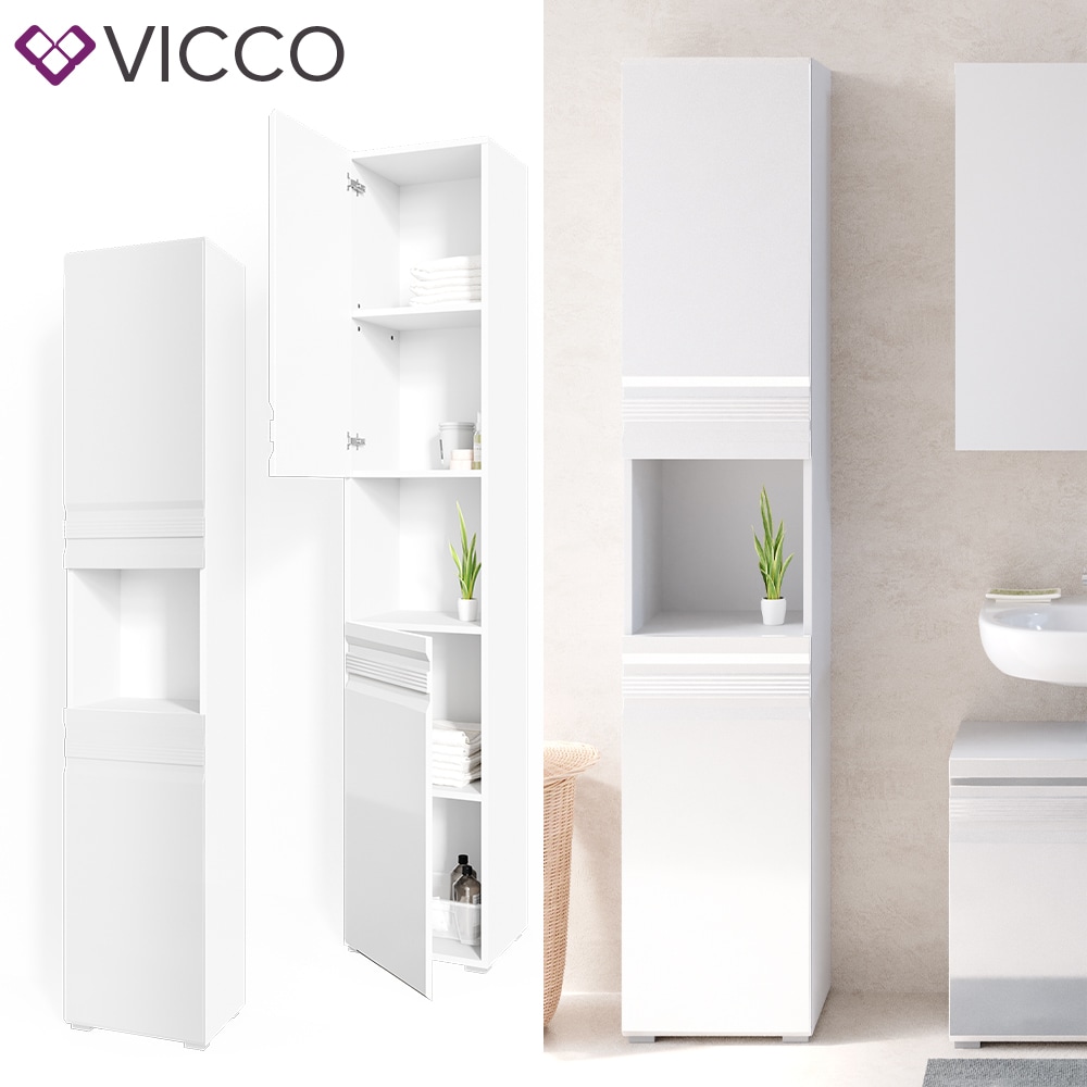 VICCO Badschrank FREDDY Wei&szlig; Hochglanz Badezimmerschrank Hochschrank Bad - Bild 1