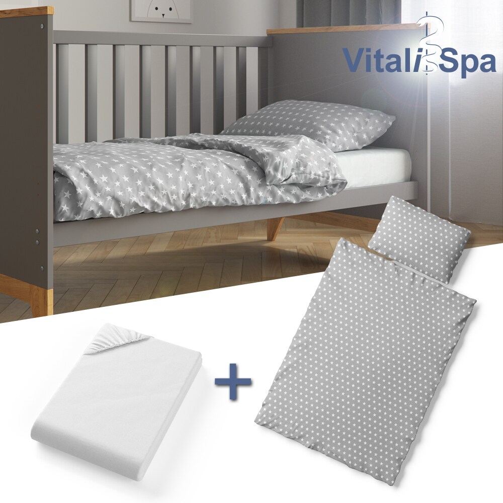 VITALISPA Kinderbettw&auml;sche 135x100 cm Bettset Bettbezug Laken 3 Teilig Grau Sterne - Bild 1