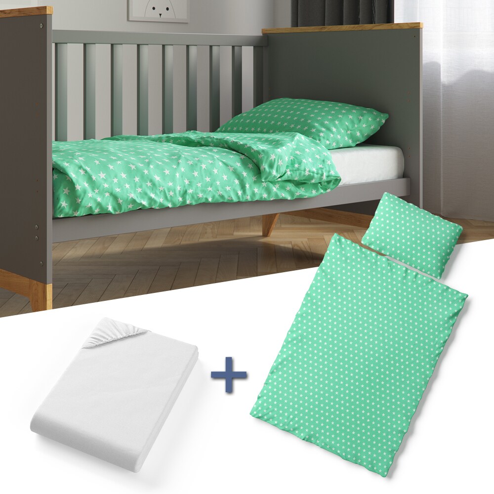 VITALISPA Kinderbettw&auml;sche 135x100 cm Bettset Bettbezug Laken 3 Teilig Gr&uuml;n Sterne - Bild 1