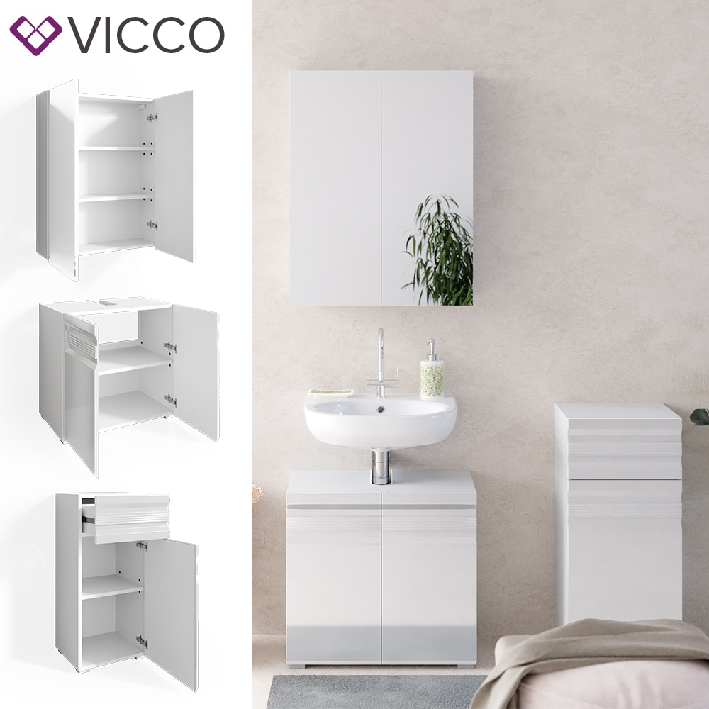 VICCO Badm&ouml;belset FREDDY Spiegelschrank Unterschrank Midi wei&szlig; hochglanz Bad - Bild 1