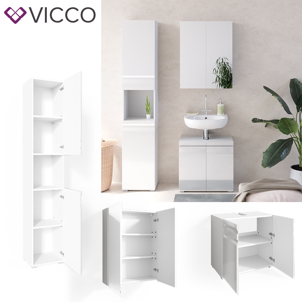 VICCO Badm&ouml;belset FREDDY Spiegelschrank Unterschrank Hoch wei&szlig; hochglanz Bad - Bild 1