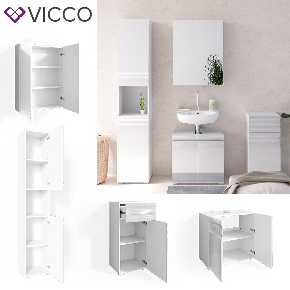 VICCO Badm&ouml;belset FREDDY Spiegelschrank Unterschrank Hoch wei&szlig; hochglanz Bad - Bild 1