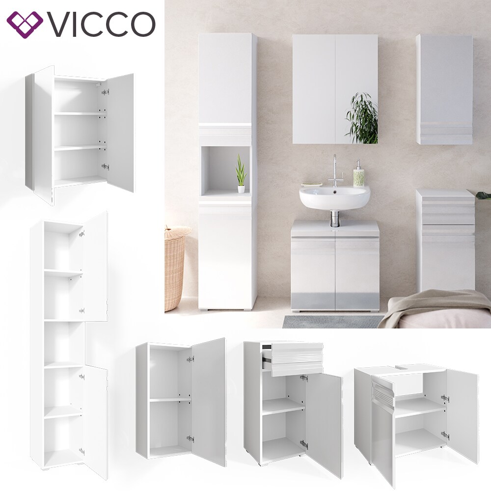 VICCO Badm&ouml;belset FREDDY Spiegelschrank Unterschrank Hoch wei&szlig; hochglanz Bad - Bild 1