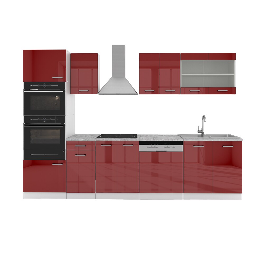 VICCO KÜCHE R-LINE 300CM KÜCHENZEILE KÜCHENBLOCK EINBAU ROT BORDEAUX HOCHGLANZ