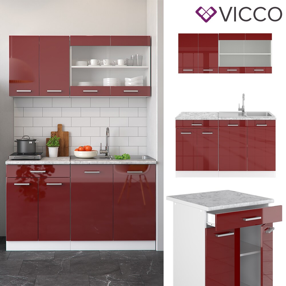 VICCO K&uuml;chenzeile SINGLE Einbauk&uuml;che 140 cm K&uuml;che Rot Bordeaux Hochglanz R-LINE - Bild 1