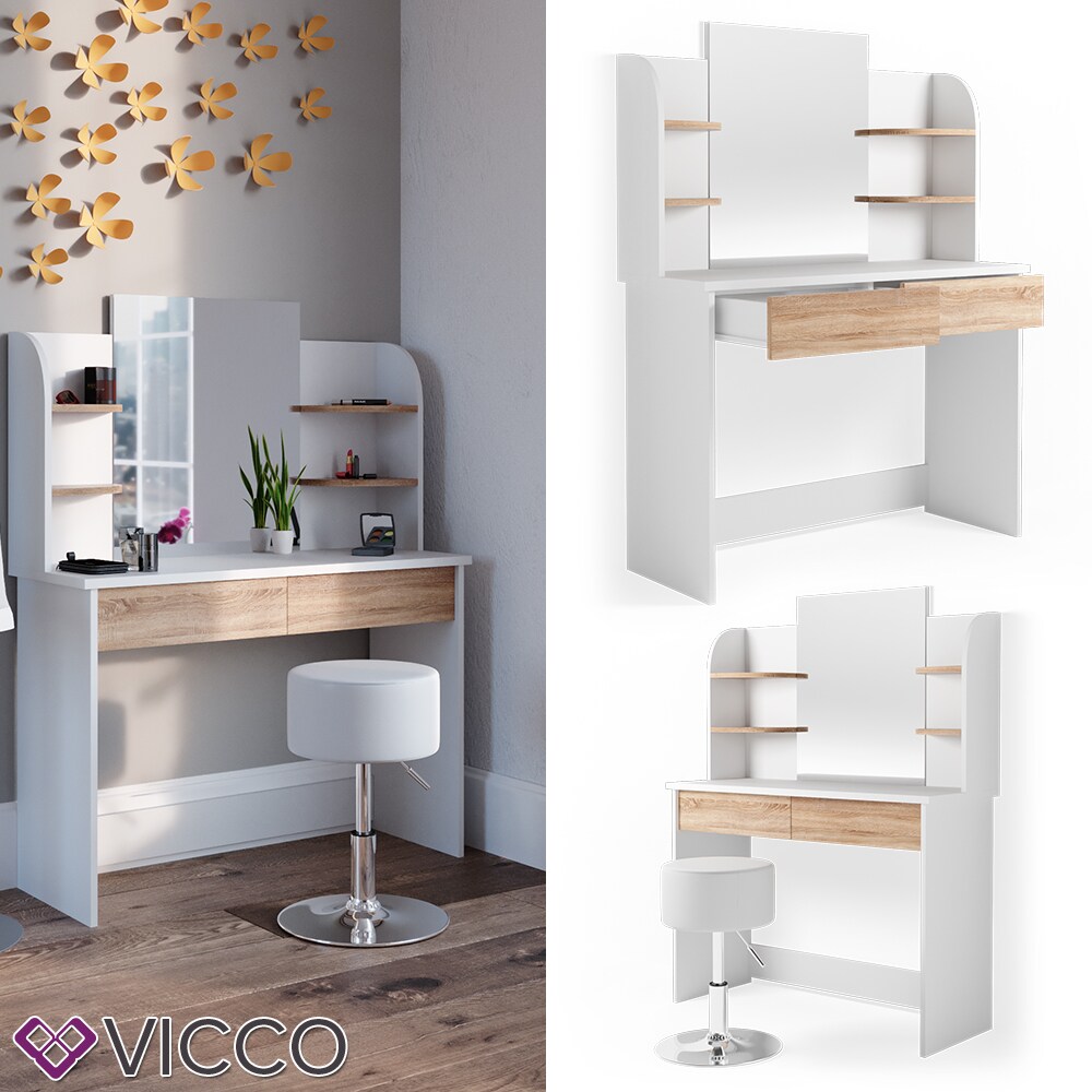 VICCO Schminktisch CHARLOTTE Frisiertisch Wei&szlig; Eiche Kosmetiktisch Hocker - Bild 1