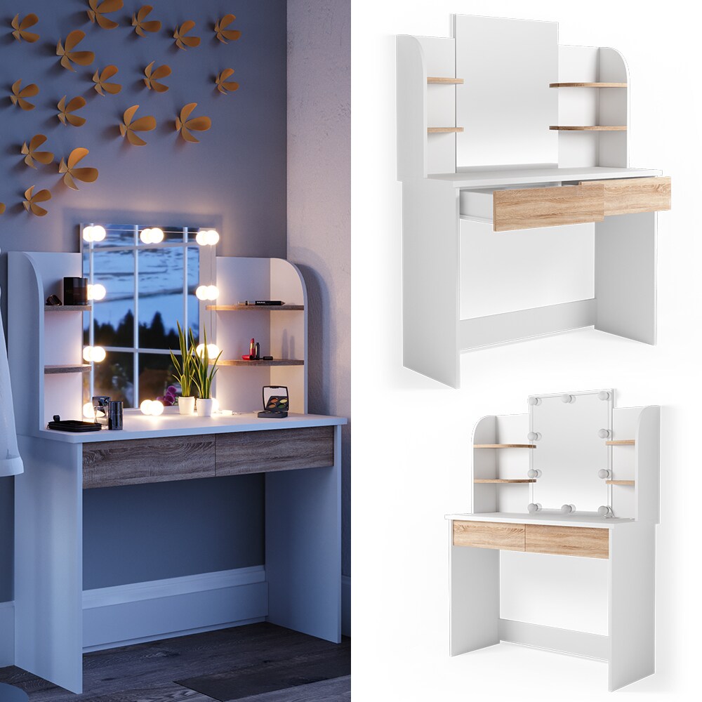 VICCO LED Schminktisch CHARLOTTE Frisiertisch Wei&szlig; Eiche Kommode Kosmetiktisch - Bild 1