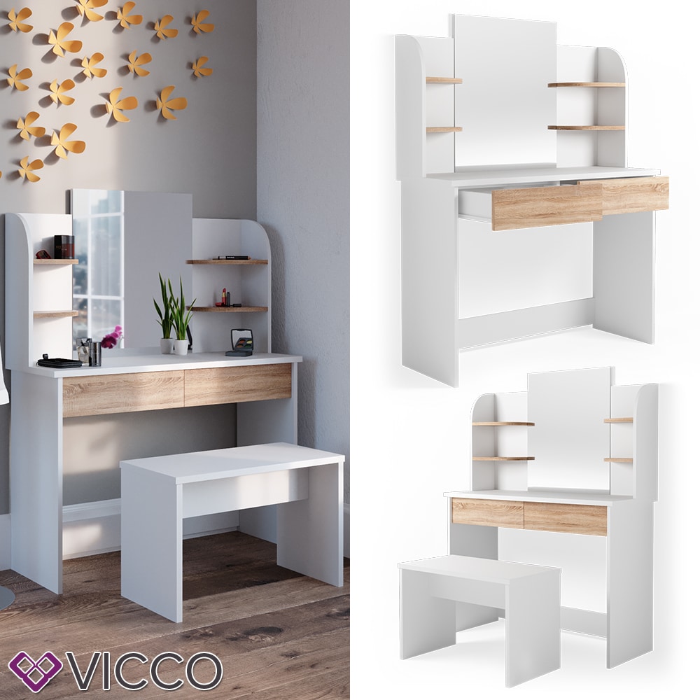 VICCO Schminktisch CHARLOTTE Frisiertisch Wei&szlig; Eiche Kommode Kosmetiktisch Bank - Bild 1