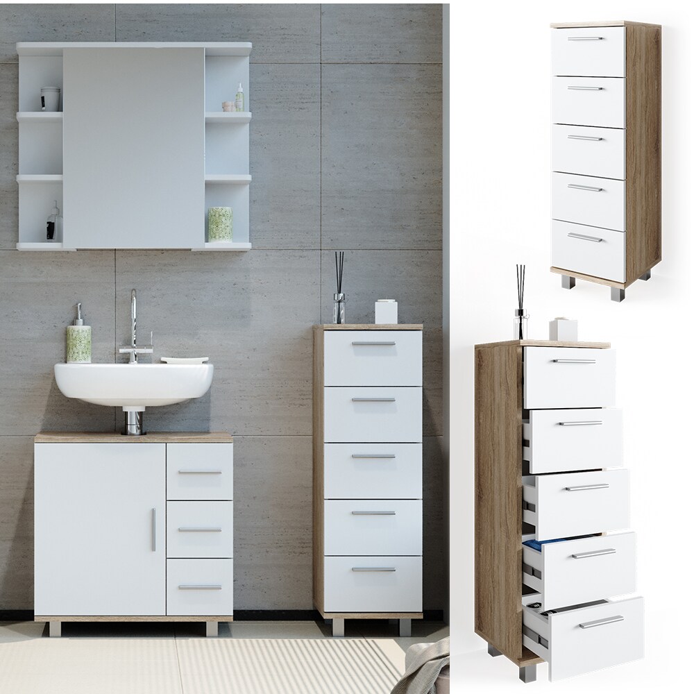 VICCO Badschrank ILIAS Weiß Sonoma Midischrank Bad Schrank Badregal Badezimmer