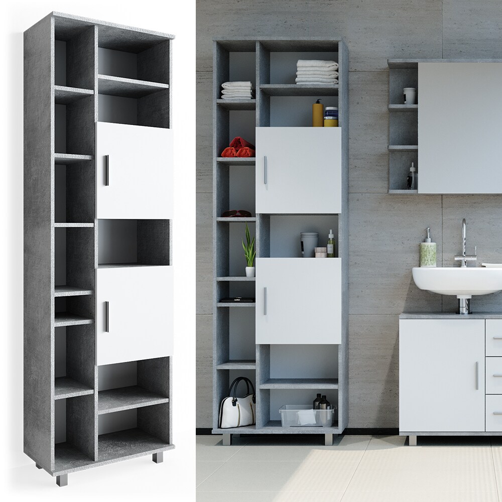 VICCO Badschrank ILIAS 190 x 60 cm Weiß Beton - Hochschrank Regal Badregal