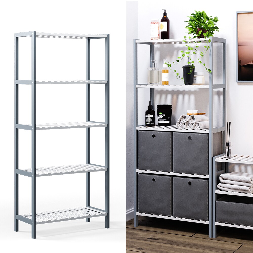 VICCO Bambusregal Standregal Regal 5 Ebenen 4 Boxen B&uuml;rom&ouml;bel Grau Wei&szlig; - Bild 1