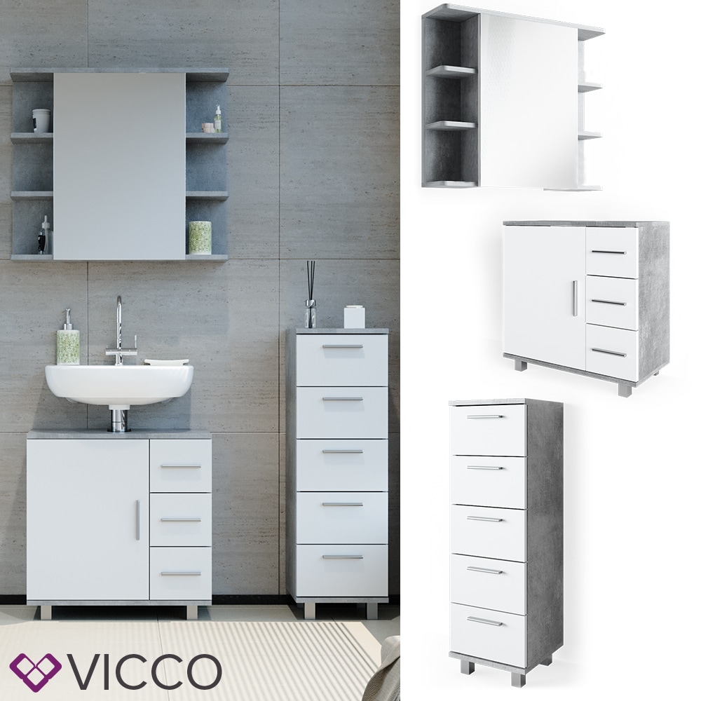 VICCO Badm&ouml;bel Set ILIAS Wei&szlig; Beton Bad Spiegel Kommode Unterschrank Badschrank - Bild 1