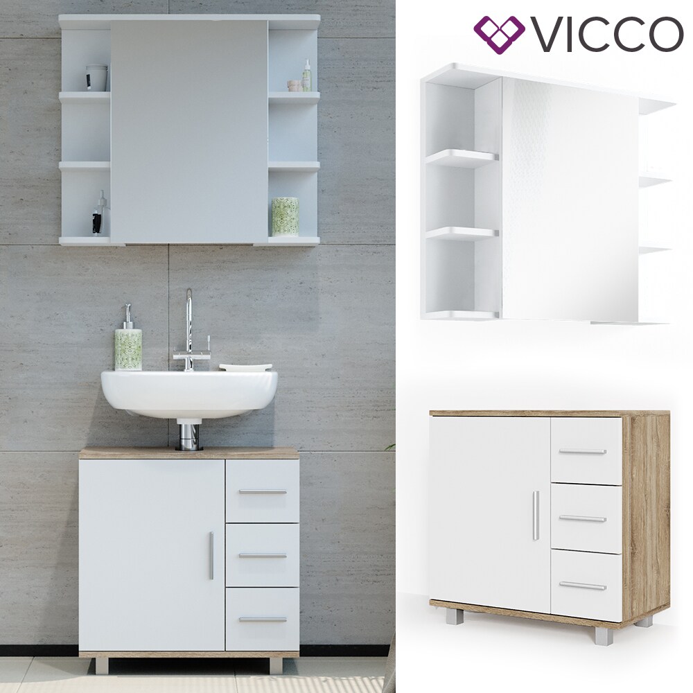 VICCO Badmöbel Set ILIAS Weiß Eiche Bad Spiegel Kommode Unterschrank Badschrank
