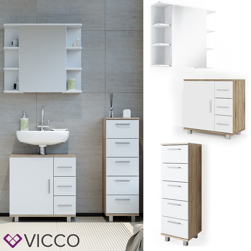 VICCO Badmöbel Set ILIAS Weiß Eiche Bad Spiegel Kommode Unterschrank Badschrank