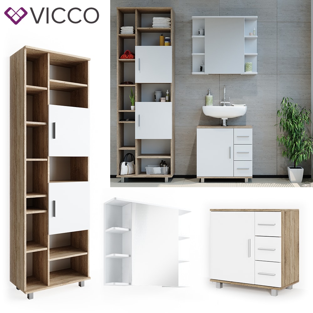 VICCO Badm&ouml;bel Set ILIAS Wei&szlig; Eiche Bad Spiegel Kommode Unterschrank Badschrank - Bild 1