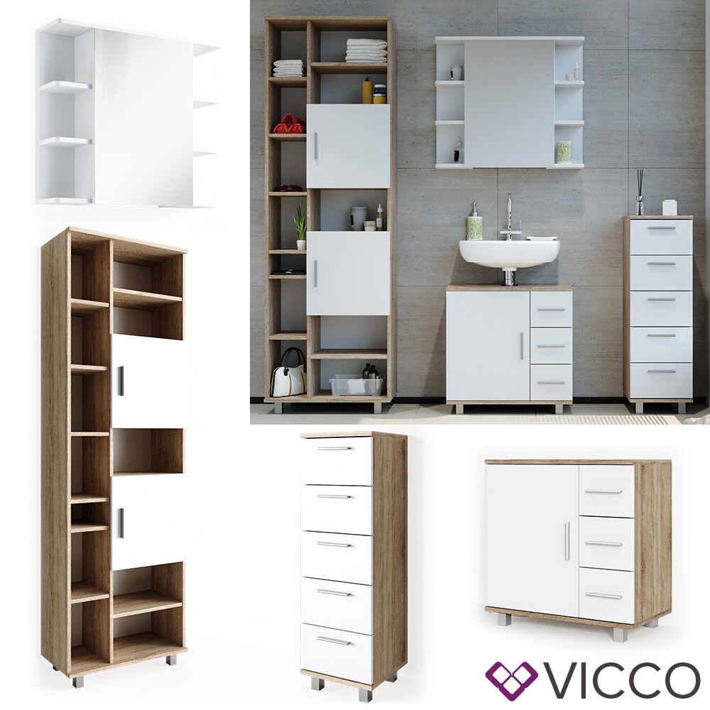 VICCO Badmöbel Set ILIAS Weiß Eiche Bad Spiegel Kommode Unterschrank Badschrank