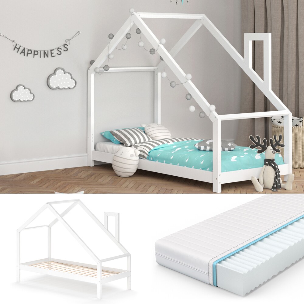 VITALISPA Funktionsbett Kinderbett NICOLE 90x200 Bett Holz Haus Spielbett Hausbett wei&szlig; + Matratze - Bild 1