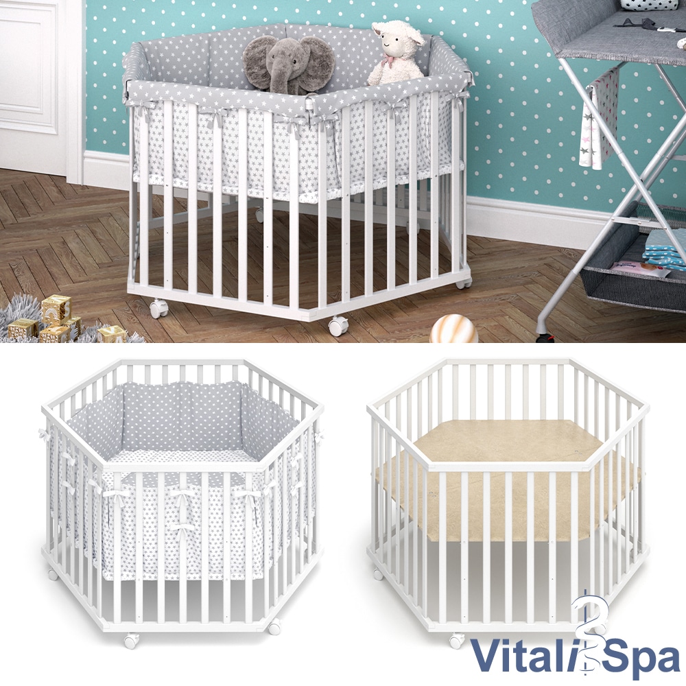 VITALISPA Laufgitter 6-eckig wei&szlig; mit Laufgittereinlage Laufstall Krabbelgitter - Bild 1