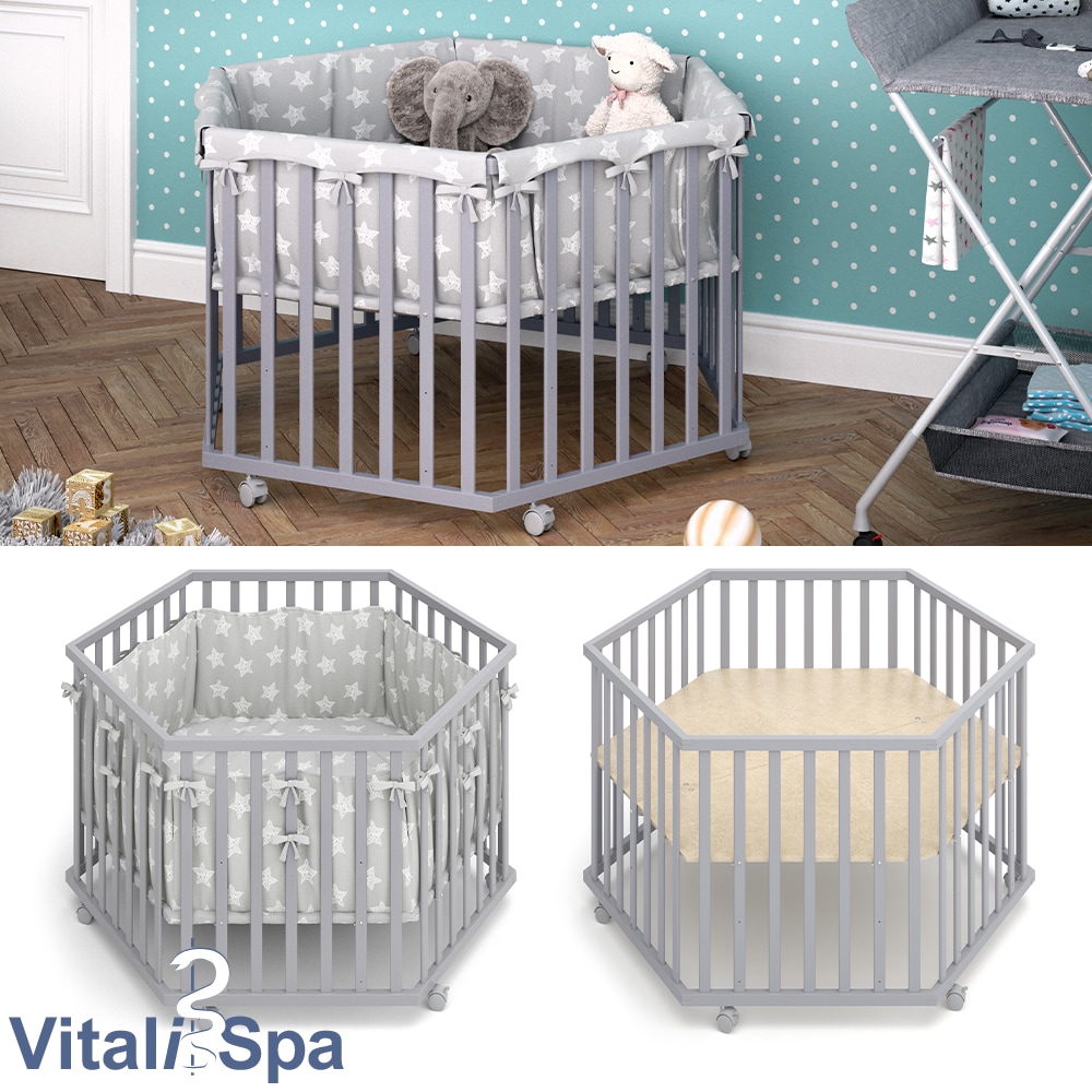 VITALISPA Laufgitter 6-eckig grau mit Laufgittereinlage Laufstall Krabbelgitter | 04251421942646