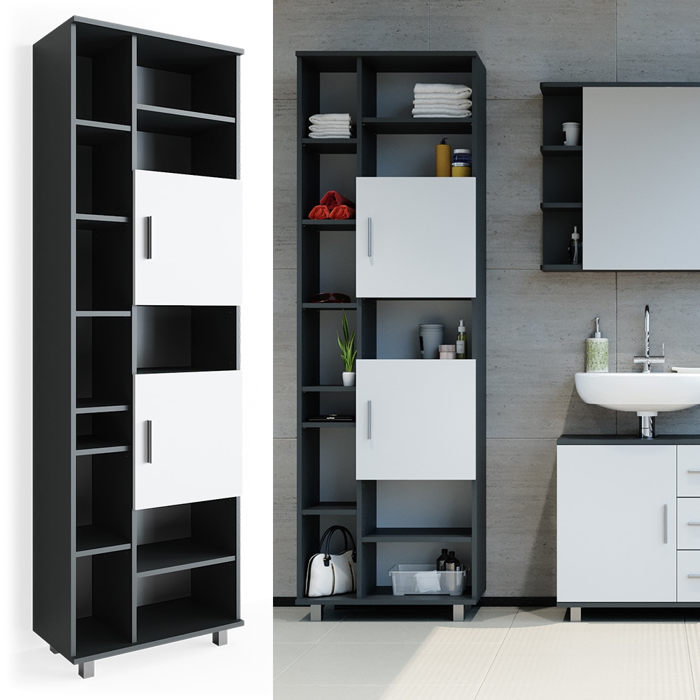 Badm&ouml;bel Set ILIAS Bad Spiegel Unterschrank Badschrank Hochschrank Spiegelschrank Wei&szlig; Anthrazit - Bild 1