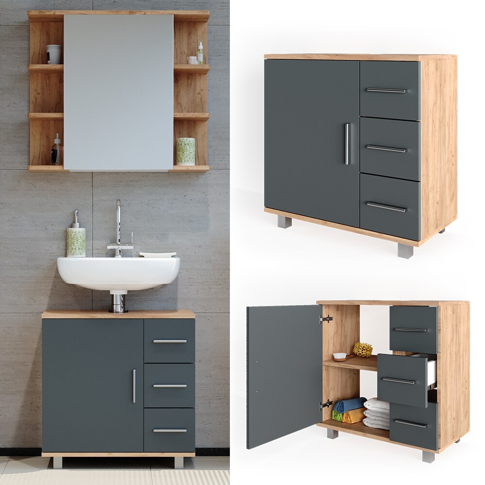 Vicco Waschtischunterschrank Ilias Badschrank Badezimmerschrank Waschbeckenunterschrank Unterstellschrank Eiche Anthrazit