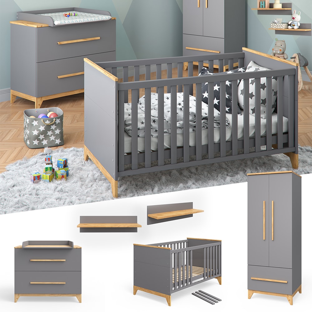 VITALISPA Babym&ouml;bel Set MALIA in anthrazit und Naturholz 5 Teile - Bild 1