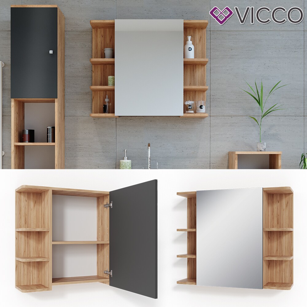 VICCO Spiegelschrank FYNN 80 x 64 Eiche Anthrazit Spiegel Badspiegel Wandspiegel