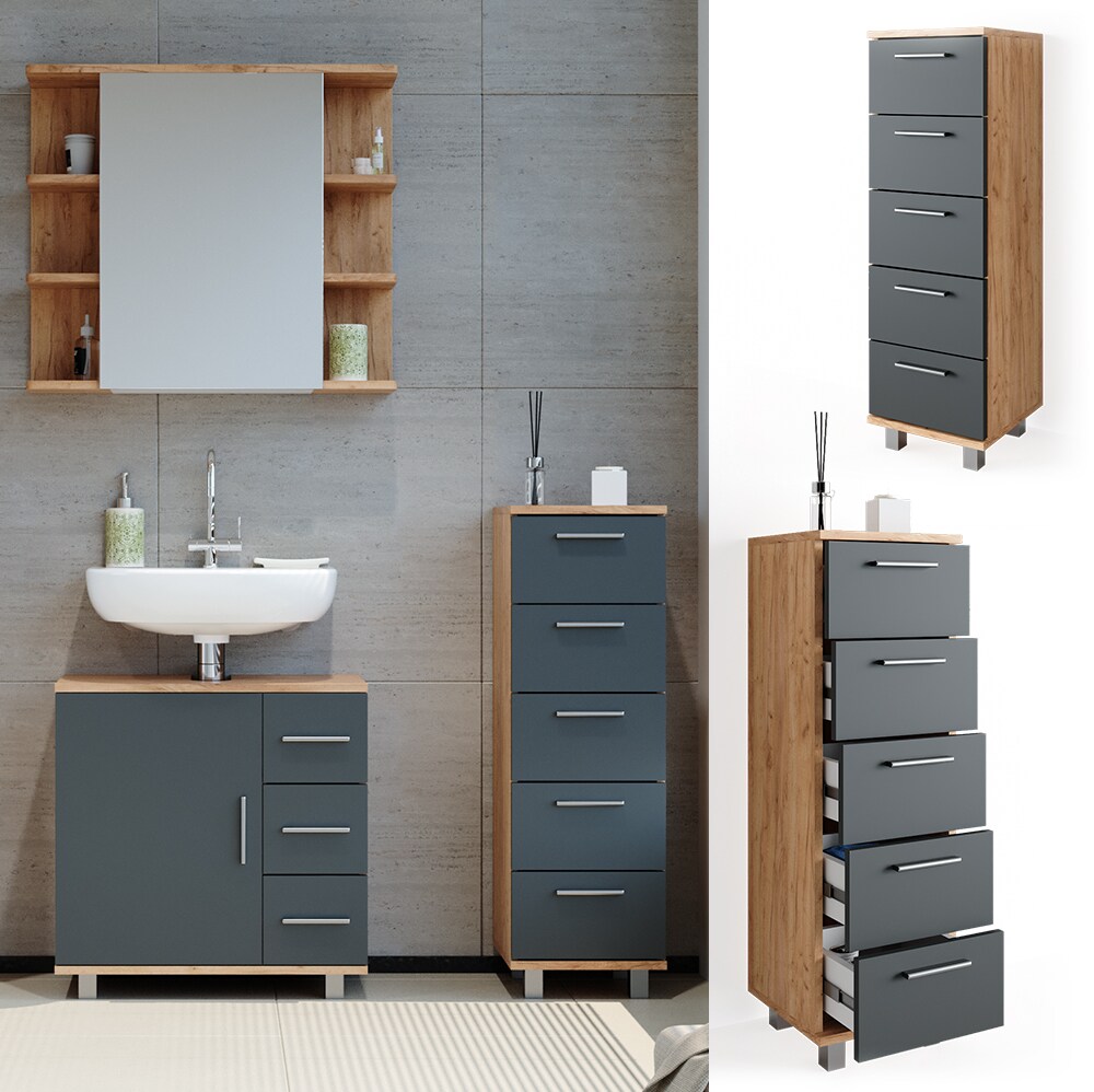 Vicco Beistellschrank Ilias 95 x 30 cm – Midischrank Badezimmerschrank Badschrank Schrank Regal Eiche Anthrazit | 04251421941137