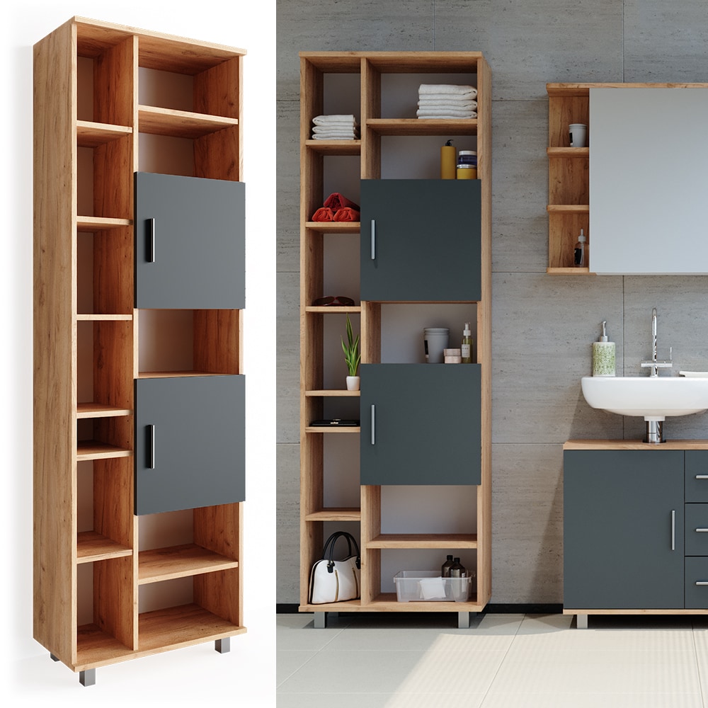 Vicco Badschrank Ilias 190 cm - Badezimmerschrank Hochschrank Bad Schrank Badregal Eiche Anthrazit - Bild 1
