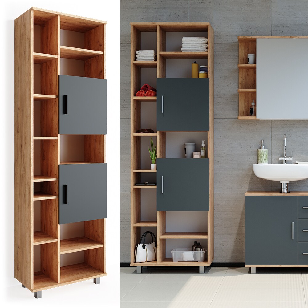 Vicco Badschrank Ilias 190 cm - Badezimmerschrank Hochschrank Bad Schrank Badregal Eiche Anthrazit