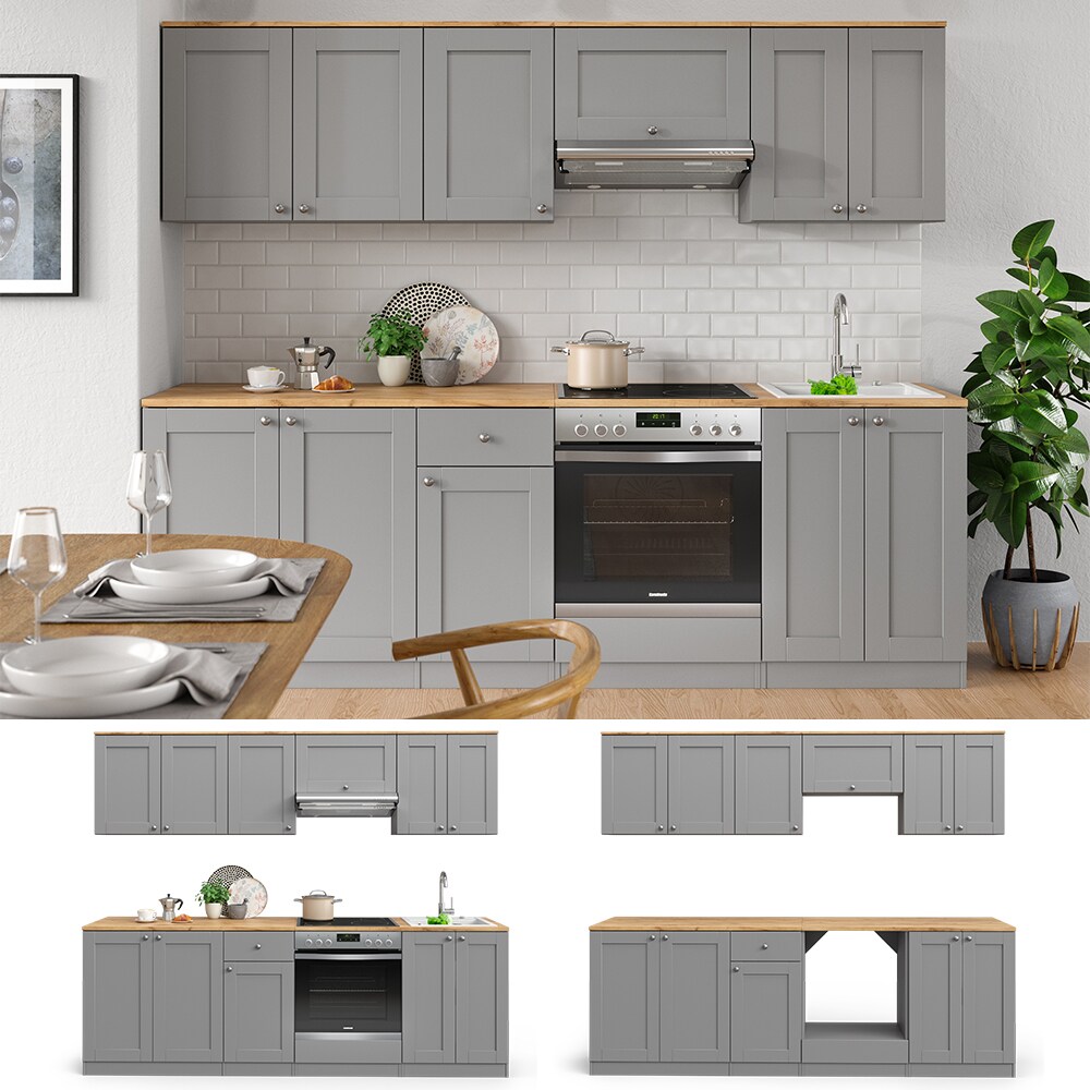 VICCO K&uuml;chenzeile Cambridge 240cm Landhaus Stil Einbauk&uuml;che Komplettk&uuml;che K&uuml;che grau - Bild 1