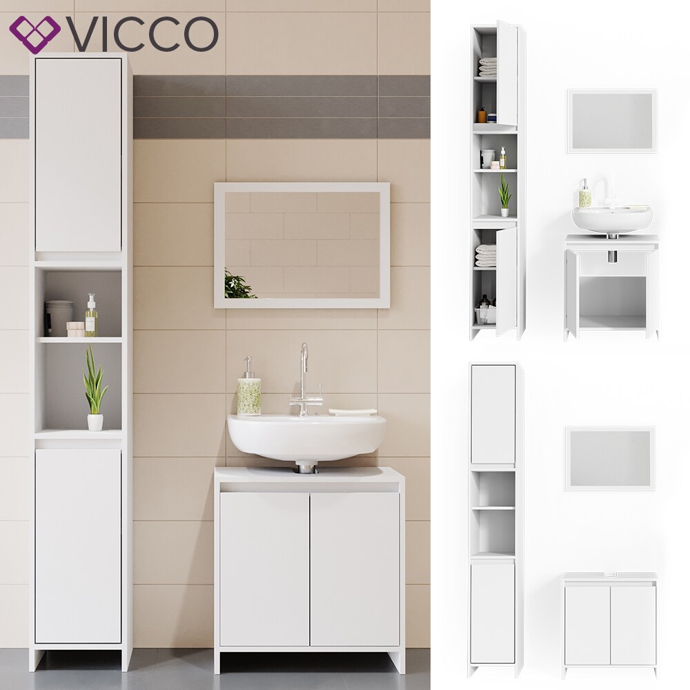 VICCO Badm&ouml;bel Set EMMA Wei&szlig; - Spiegel Waschtischunterschrank Hochschrank Bad - Bild 1