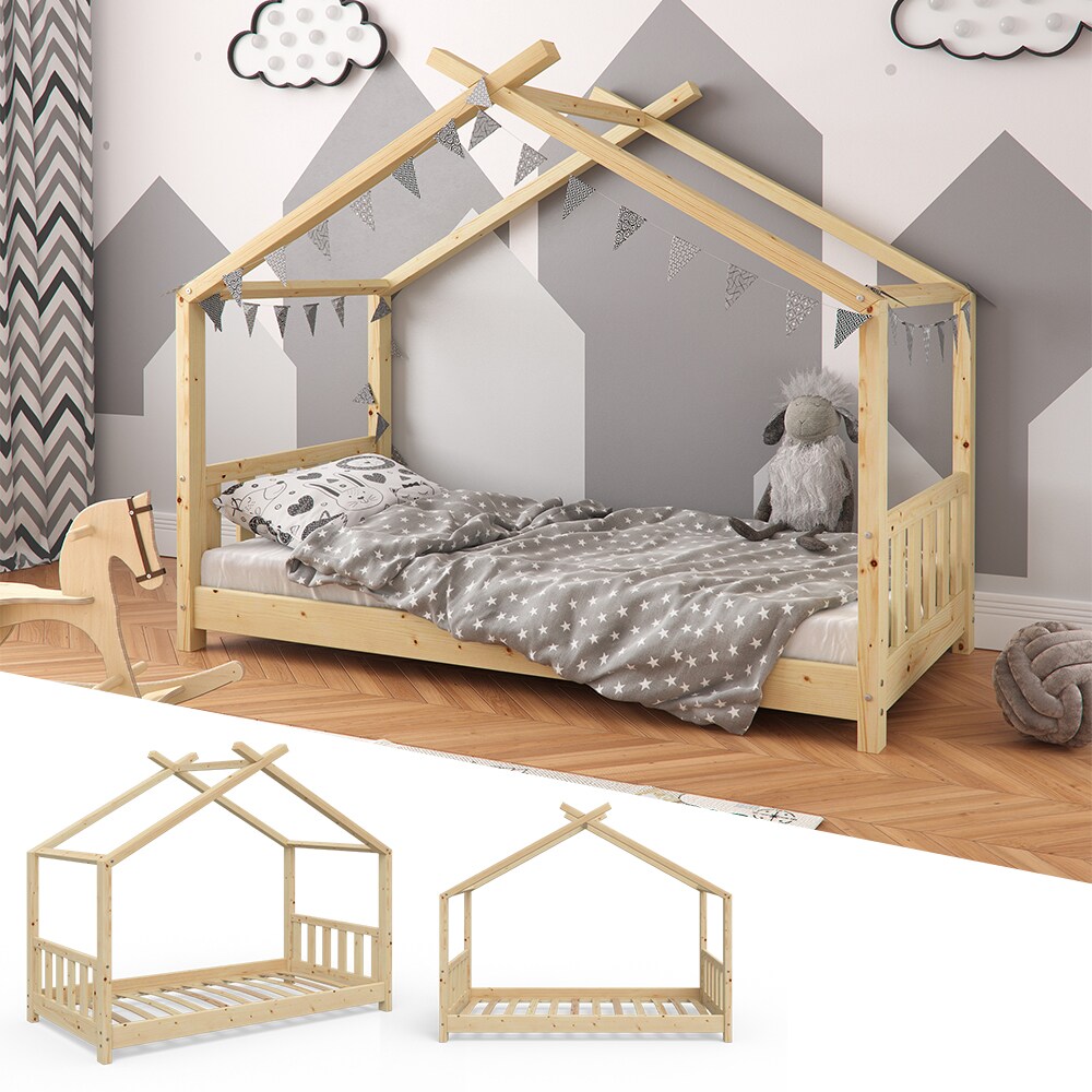 VITALISPA Kinderbett Hausbett DESIGN 80x160cm Natur Zaun Kinder Holz Haus Hausbett - Bild 1