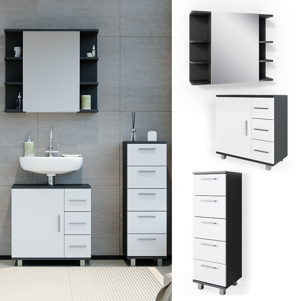 VICCO Badm&ouml;bel Set ILIAS Wei&szlig; Anthrazit Spiegel Kommode Unterschrank Badschrank - Bild 1