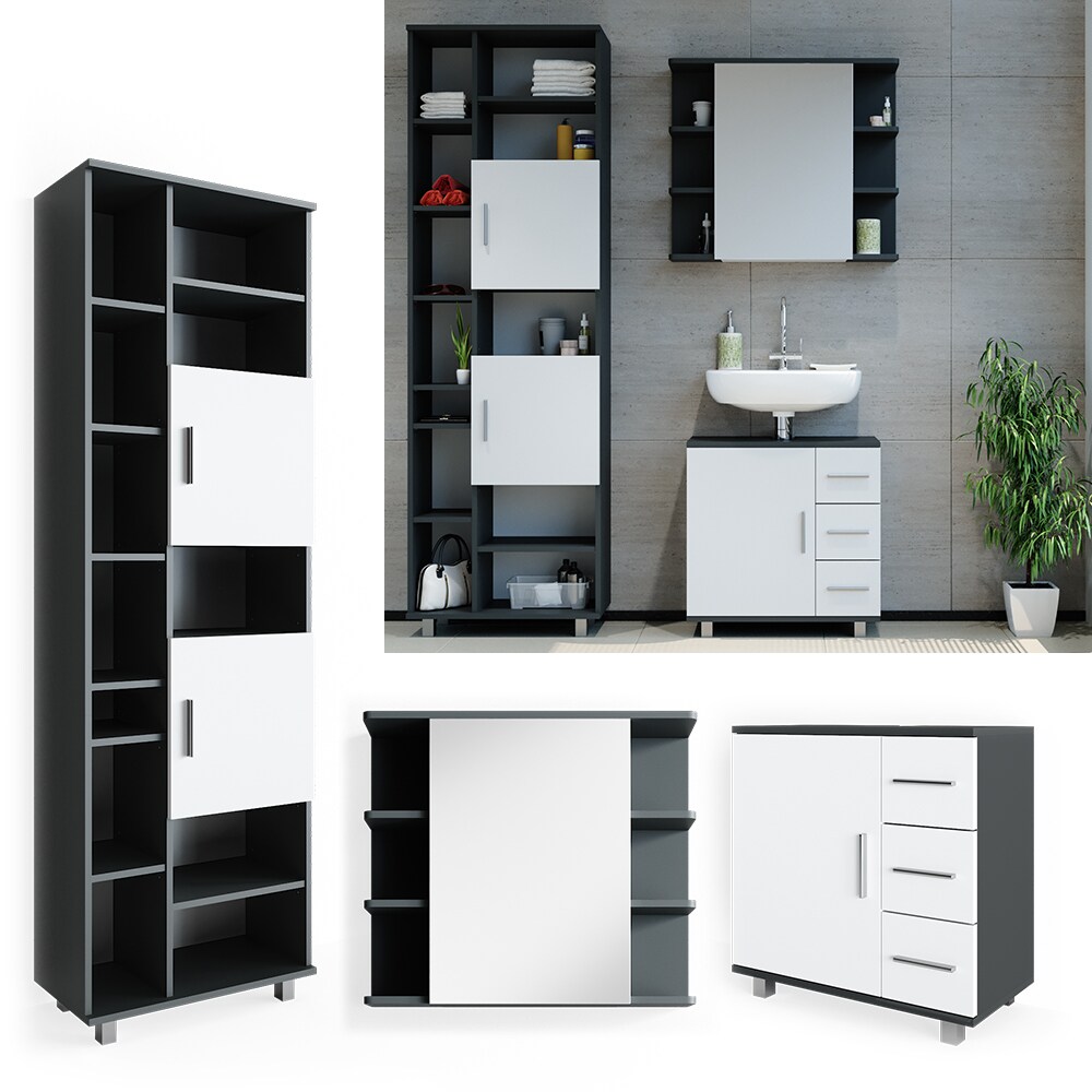VICCO Badm&ouml;bel Set ILIAS Wei&szlig; Anthrazit Spiegel Kommode Unterschrank Badschrank - Bild 1