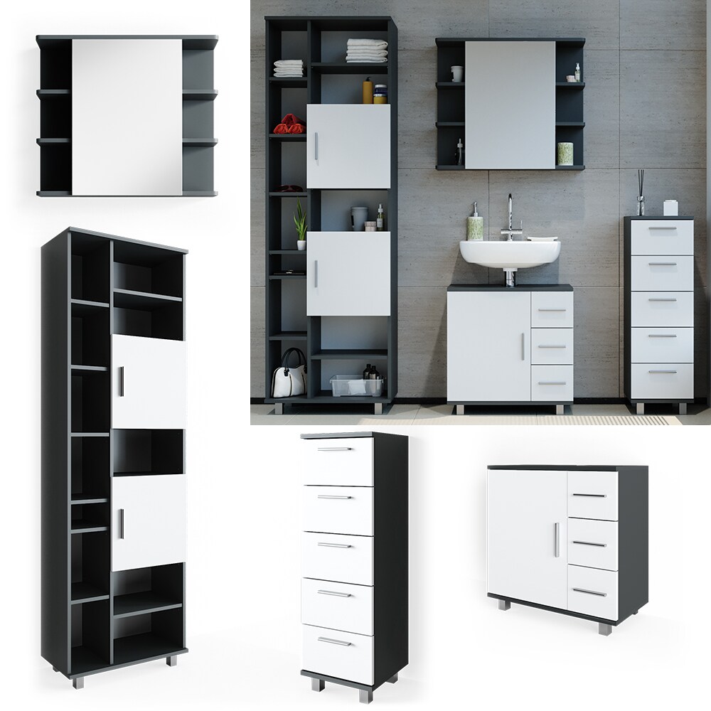 VICCO Badm&ouml;bel Set ILIAS Wei&szlig; Anthrazit Spiegel Kommode Unterschrank Badschrank - Bild 1