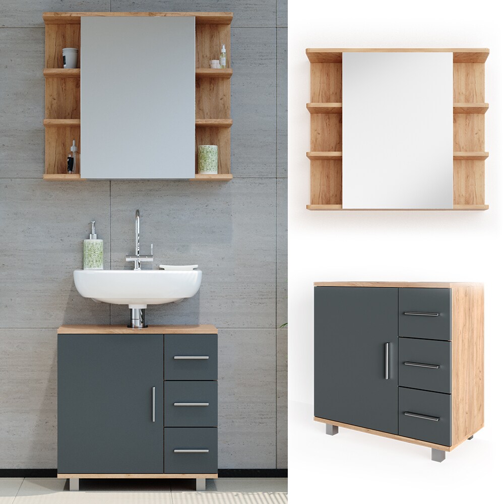 VICCO Badm&ouml;bel Set ILIAS Eiche Anthrazit Bad Spiegel Unterschrank Badschrank - Bild 1