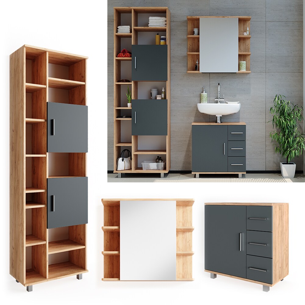 VICCO Badm&ouml;bel Set ILIAS Eiche Anthrazit Spiegel Kommode Unterschrank Badschrank - Bild 1