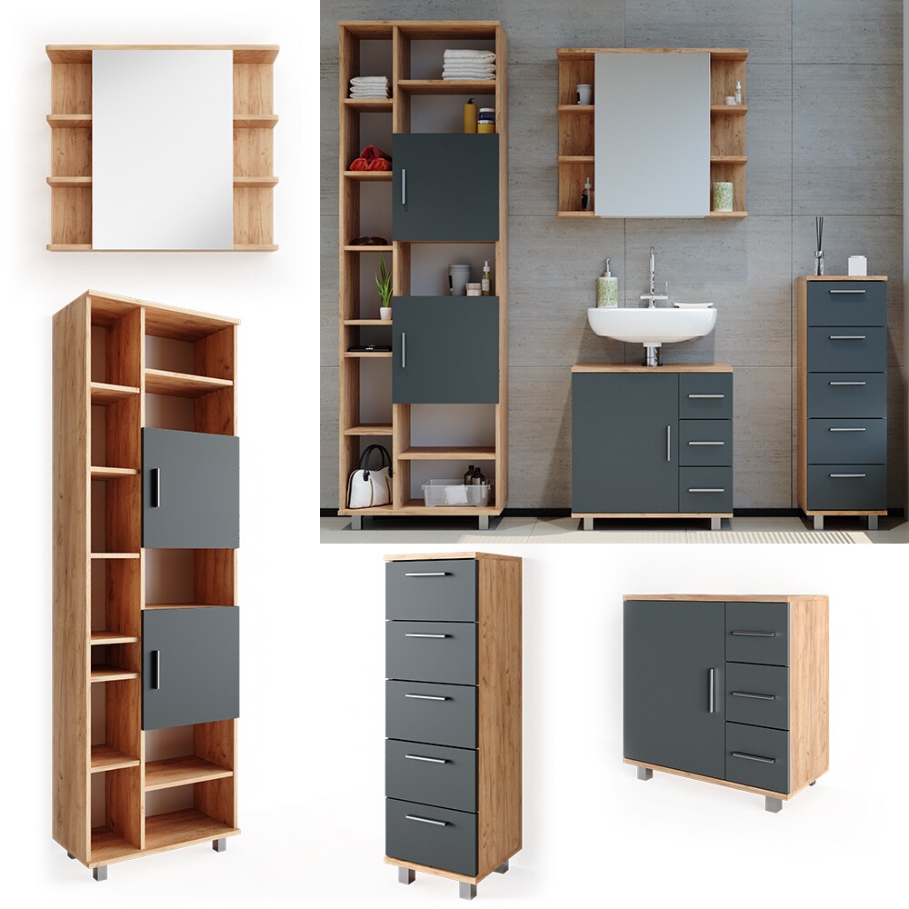 VICCO Badm&ouml;bel Set ILIAS Eiche Anthrazit Spiegel Kommode Unterschrank Badschrank - Bild 1