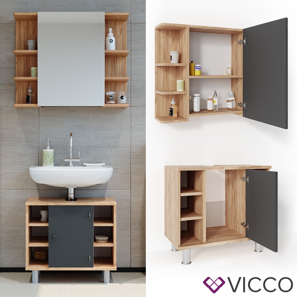 VICCO Badm&ouml;bel Set FYNN Eiche Anthrazit Spiegelschrank Waschtischunterschrank - Bild 1