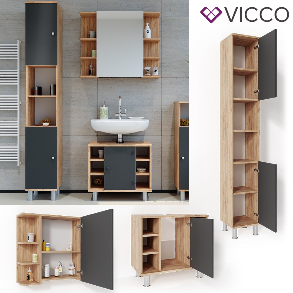 VICCO Badm&ouml;bel Set FYNN Eiche Anthrazit Spiegelschrank Unterschrank Hochschrank - Bild 1