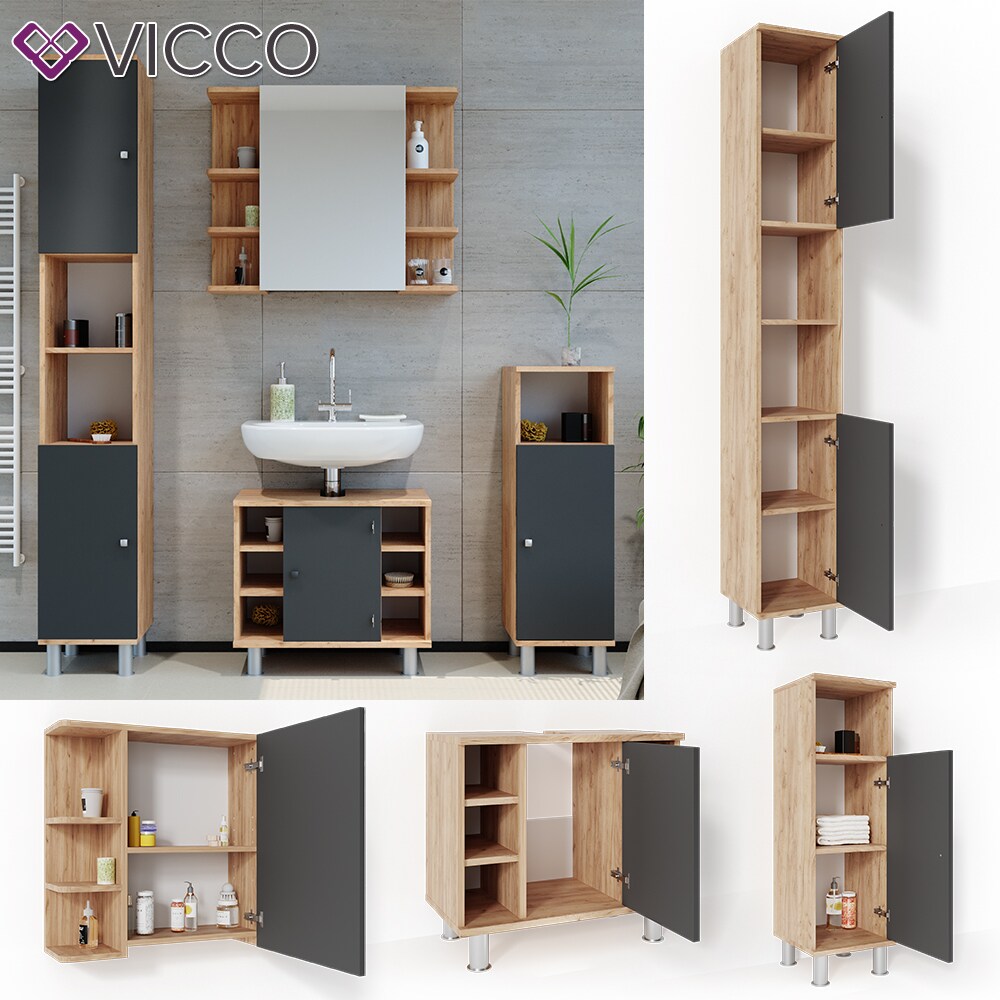VICCO Badm&ouml;bel Set FYNN Eiche Anthrazit Bad Spiegel Unterschrank Badschrank Midi - Bild 1
