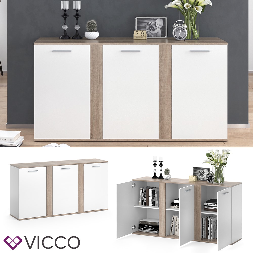 VICCO Sideboard NOVELLI Highboard wei&szlig; sonoma Kommode Anrichte Schrank 3 T&uuml;ren - Bild 1