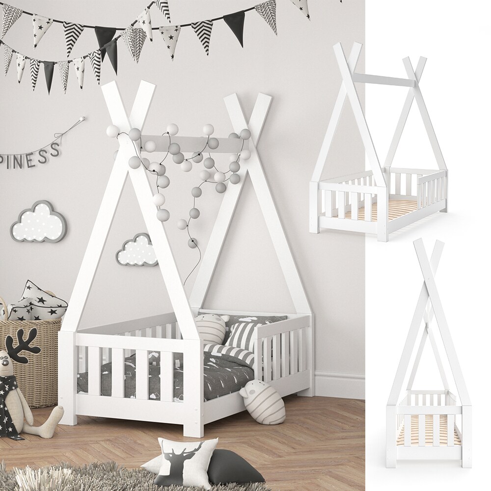 VITALISPA Kinderbett TIPI Indianer Bett Kinderhaus Holz Hausbett 70x140cm Wei&szlig; - Bild 1