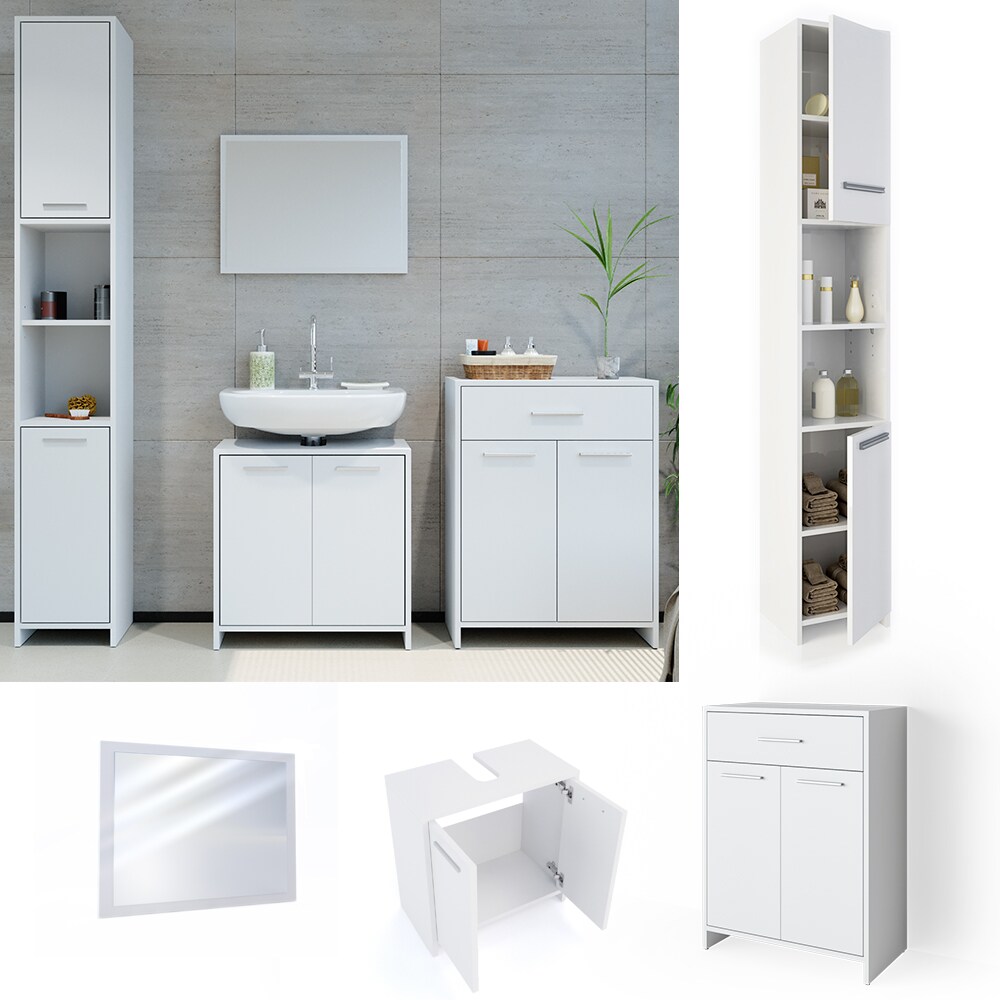 VICCO Badmöbel Set KIKO Weiß - Badezimmer Badspiegel Hochschrank Beistellschrank