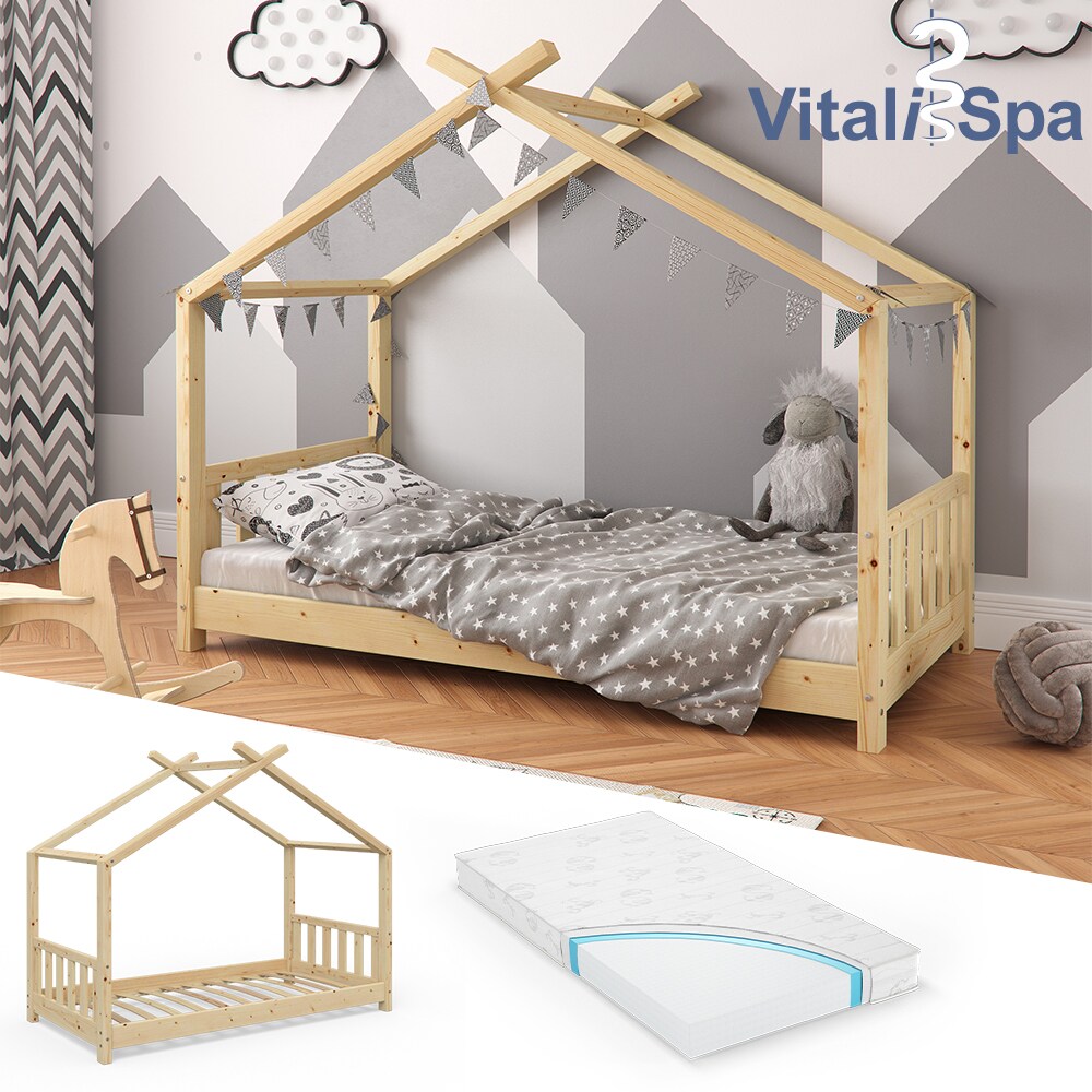 VITALISPA Kinderbett Hausbett DESIGN 80x160cm Natur Zaun Kinder Holz Haus Hausbett mit Matratze - Bild 1