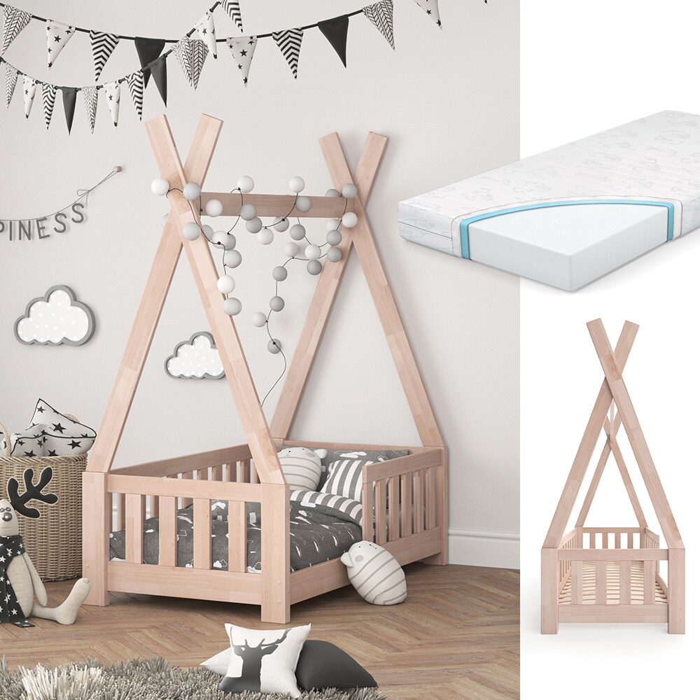 VITALISPA Kinderbett TIPI Indianer Kinderhaus Hausbett 70x140cm Natur Matratze - Bild 1
