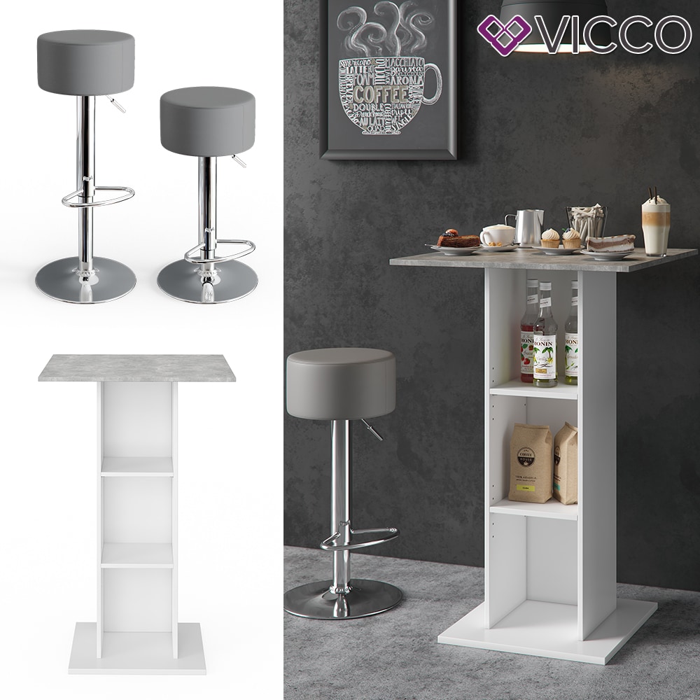VICCO Bartisch Bar Wei&szlig; Beton Bartresen Stehtisch Tresentisch Bistrotisch K&uuml;che inkl. Barhocker - Bild 1